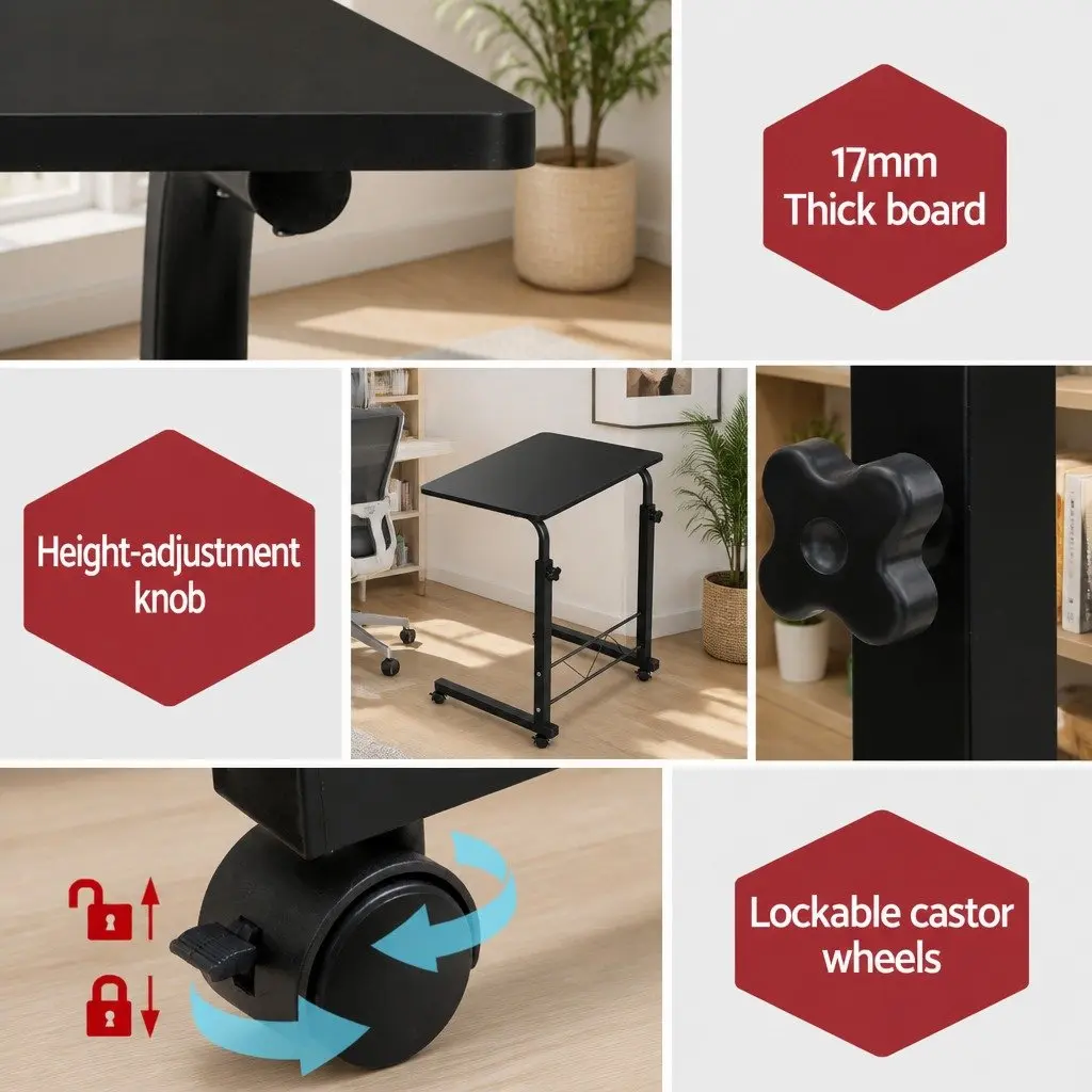 Mobile Laptop Desk Adjustable Height Workstation with Wheels Black 60CM