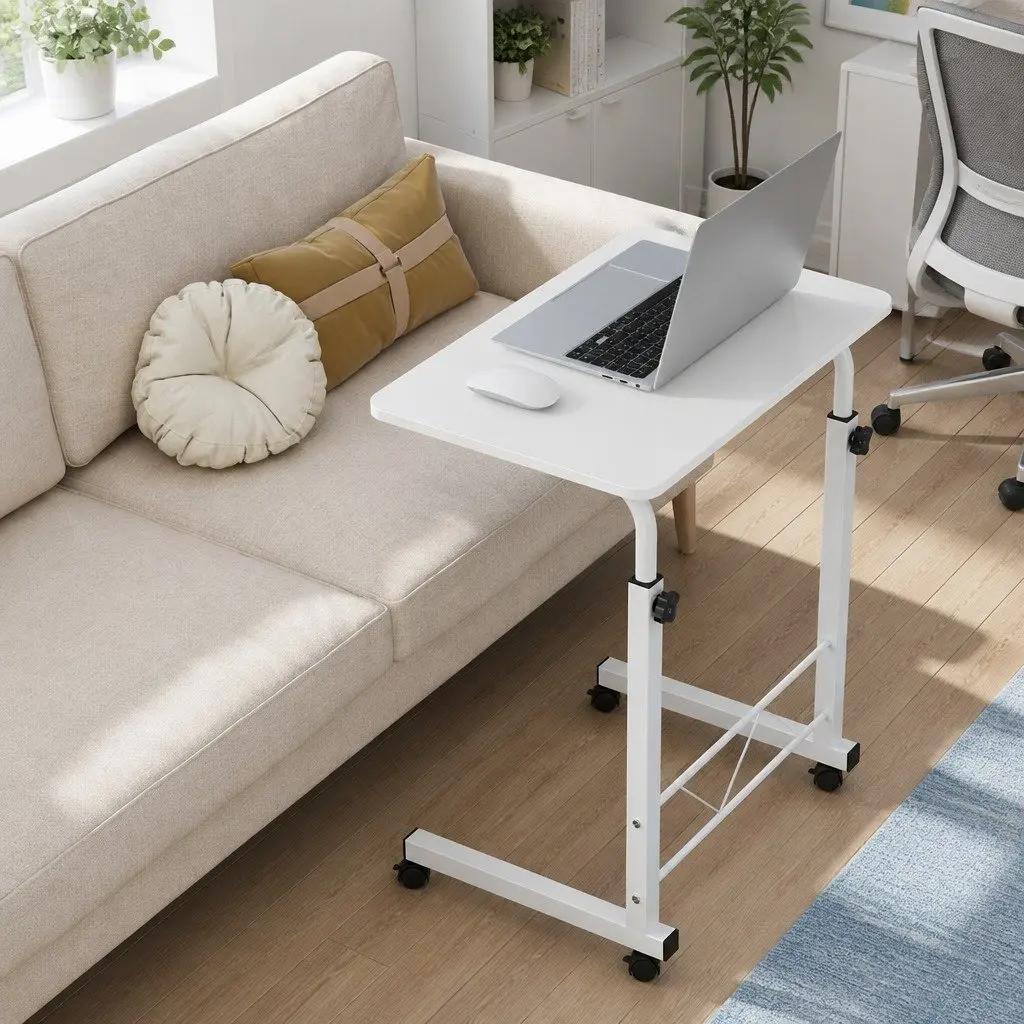 Mobile Laptop Desk Adjustable Height 60CM White Office Table with Wheels