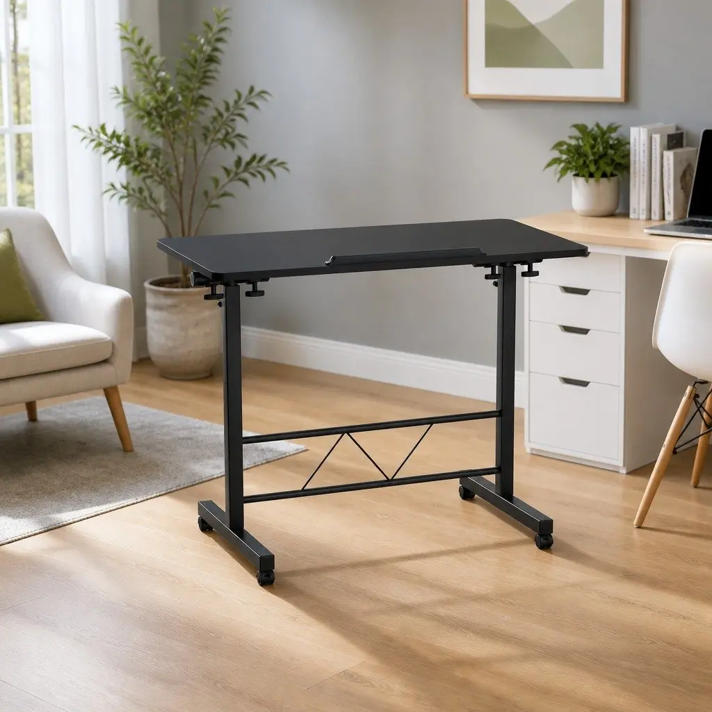 Mobile Laptop Desk Height Adjustable Tilting Wooden Tabletop 80CM