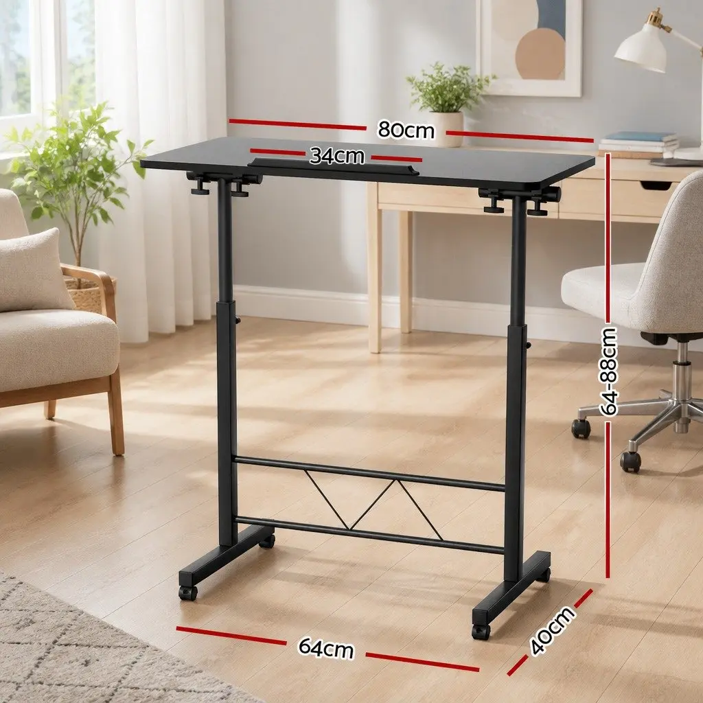 Mobile Laptop Desk Height Adjustable Tilting Wooden Tabletop 80CM