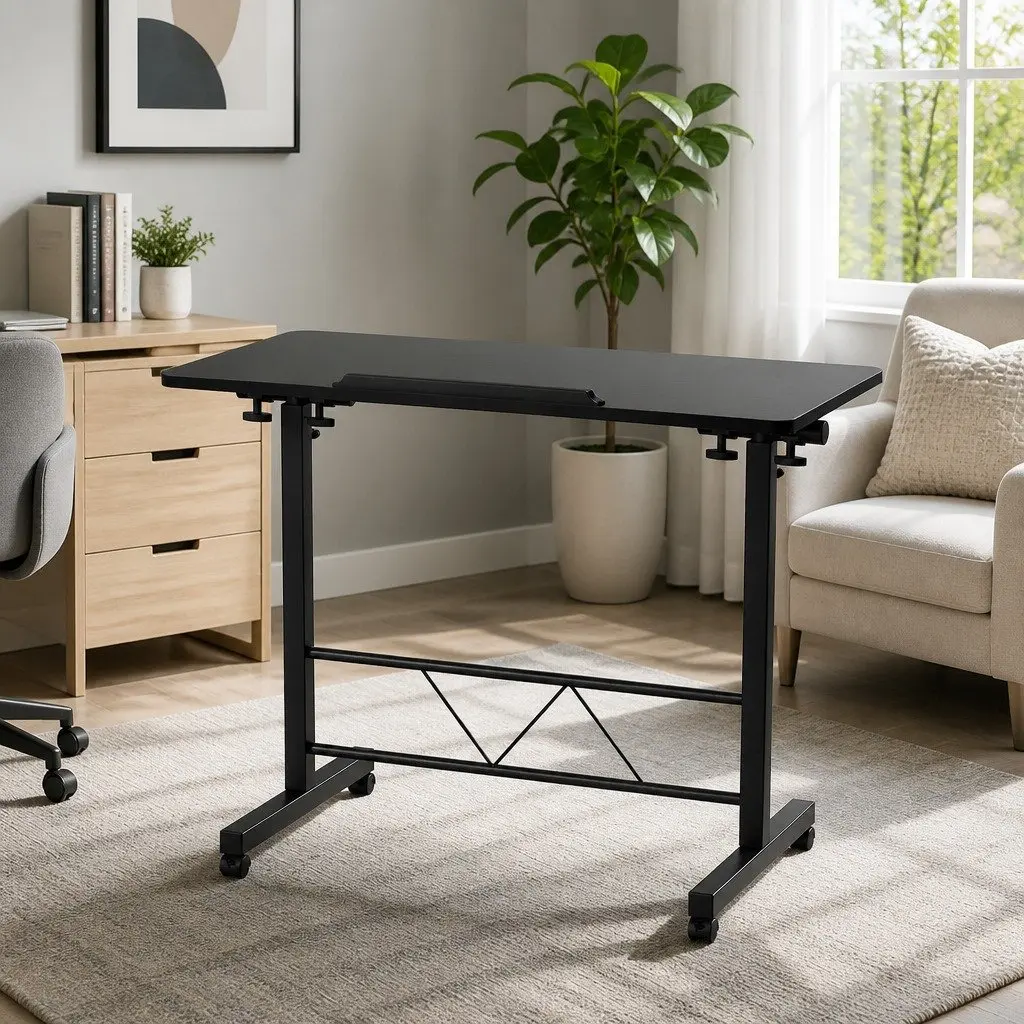 Mobile Laptop Desk Height Adjustable Tilting Wooden Tabletop 80CM