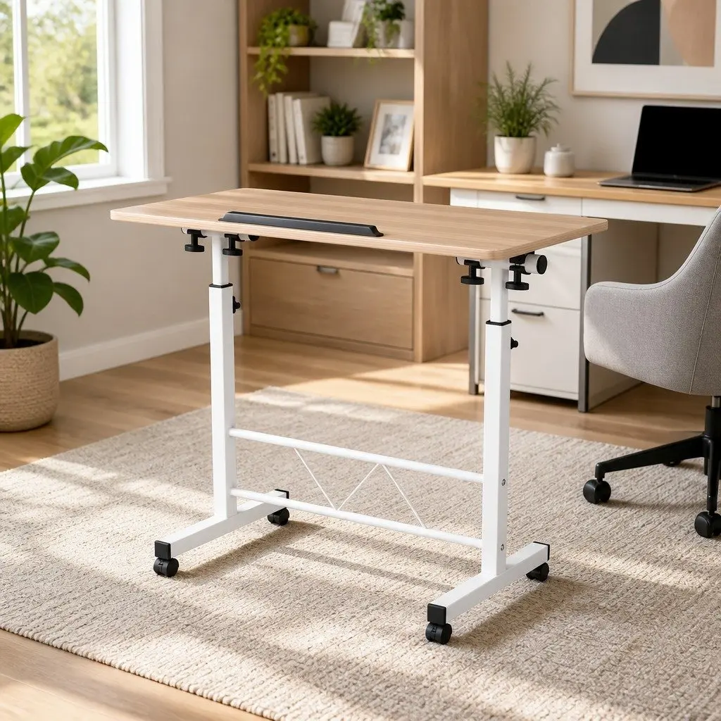 Mobile Laptop Desk Adjustable Height 80CM Brown Light Wood Tilting Portable