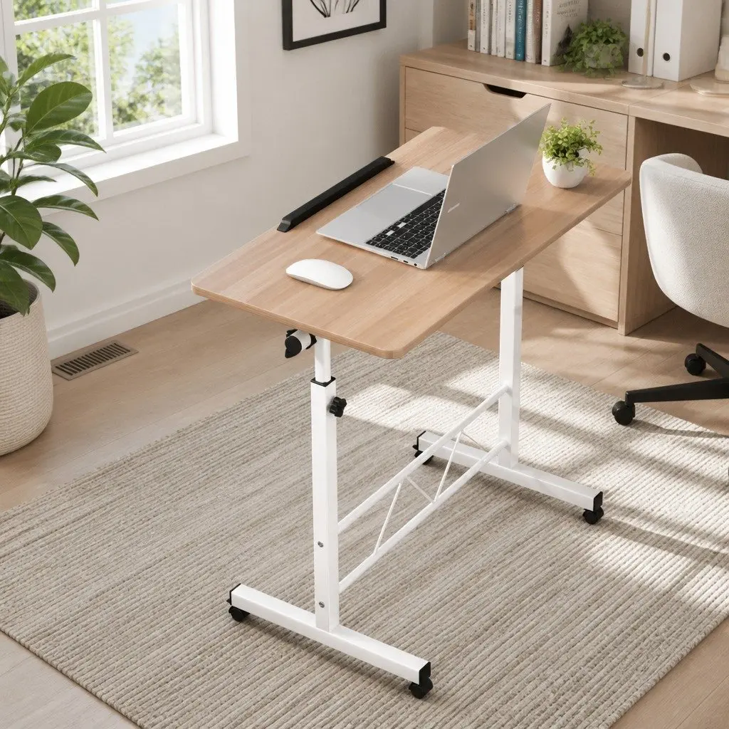 Mobile Laptop Desk Adjustable Height 80CM Brown Light Wood Tilting Portable