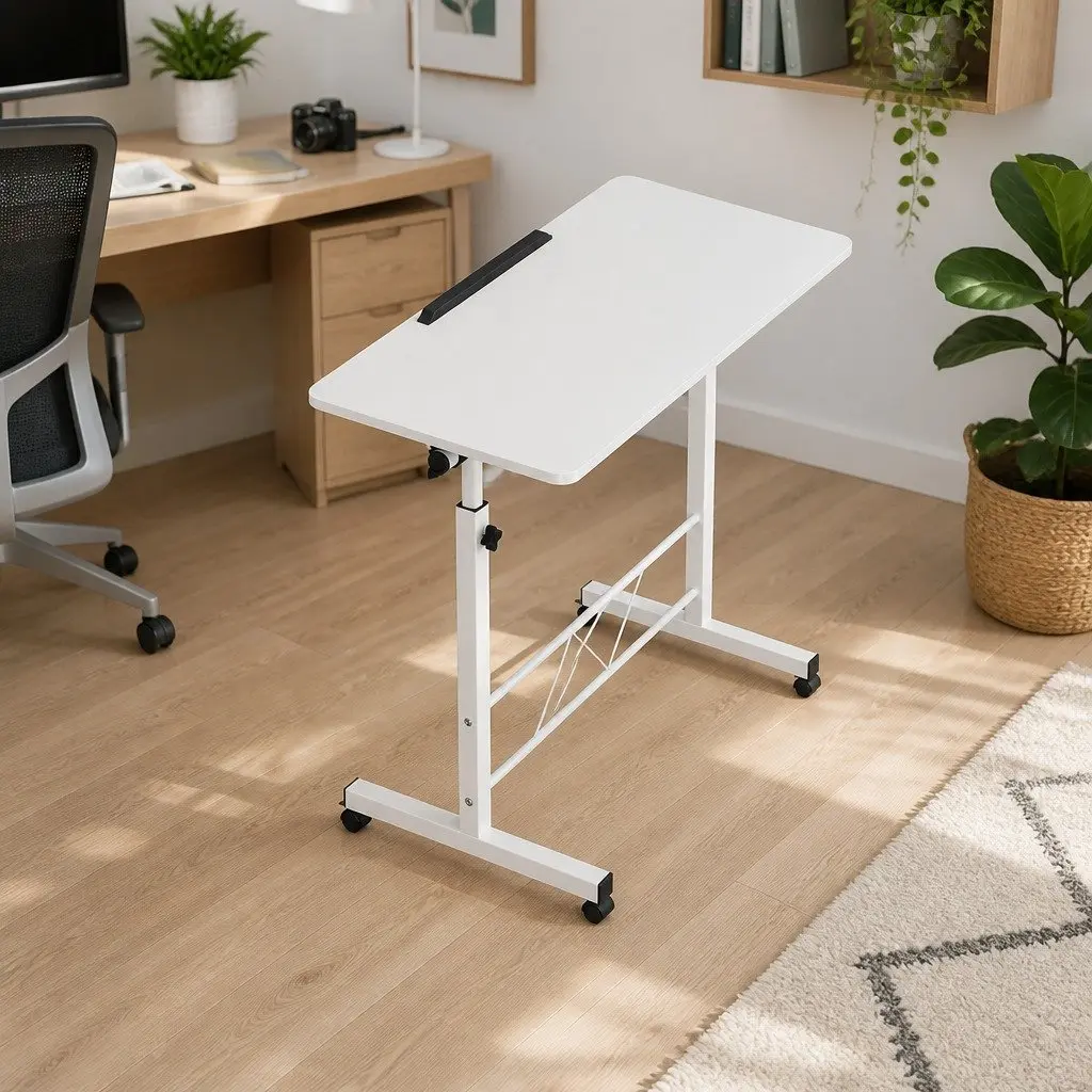 Adjustable Mobile Desk U-Shape Steel Frame 80CM White Portable Work Table