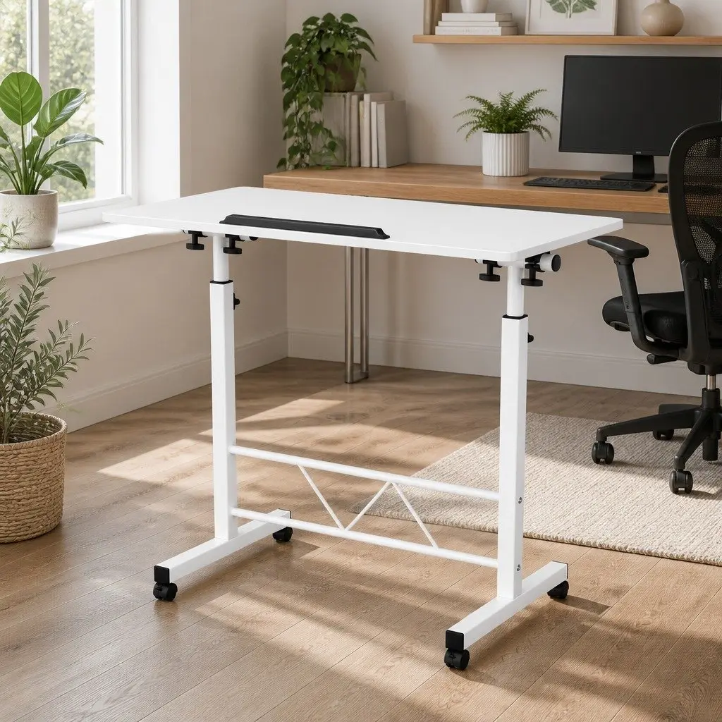 Adjustable Mobile Desk U-Shape Steel Frame 80CM White Portable Work Table