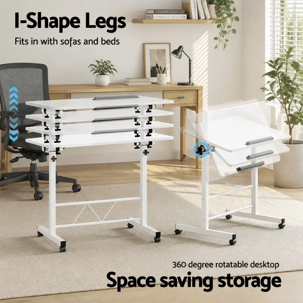 Adjustable Mobile Desk U-Shape Steel Frame 80CM White Portable Work Table