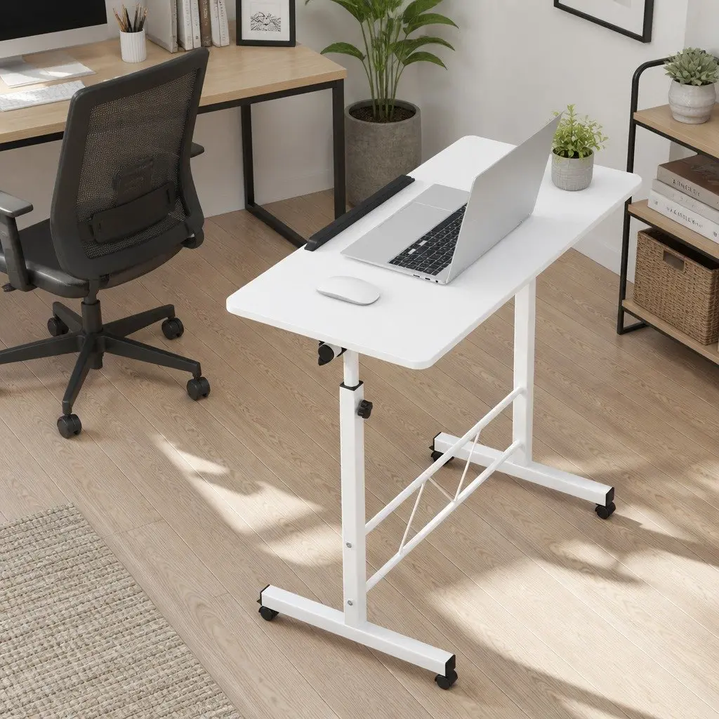 Adjustable Mobile Desk U-Shape Steel Frame 80CM White Portable Work Table