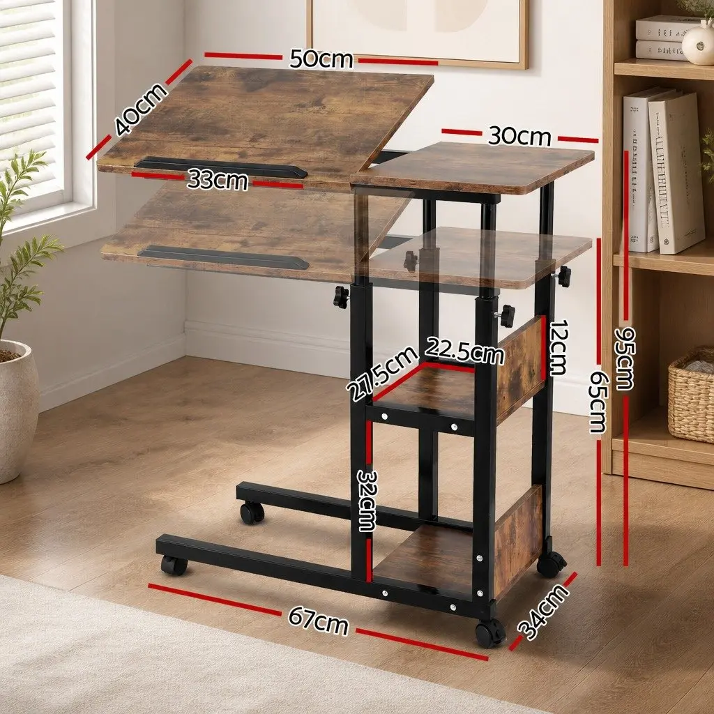Adjustable Laptop Desk 3 Tier Mobile Side Table Tiltable Wheels Home Office