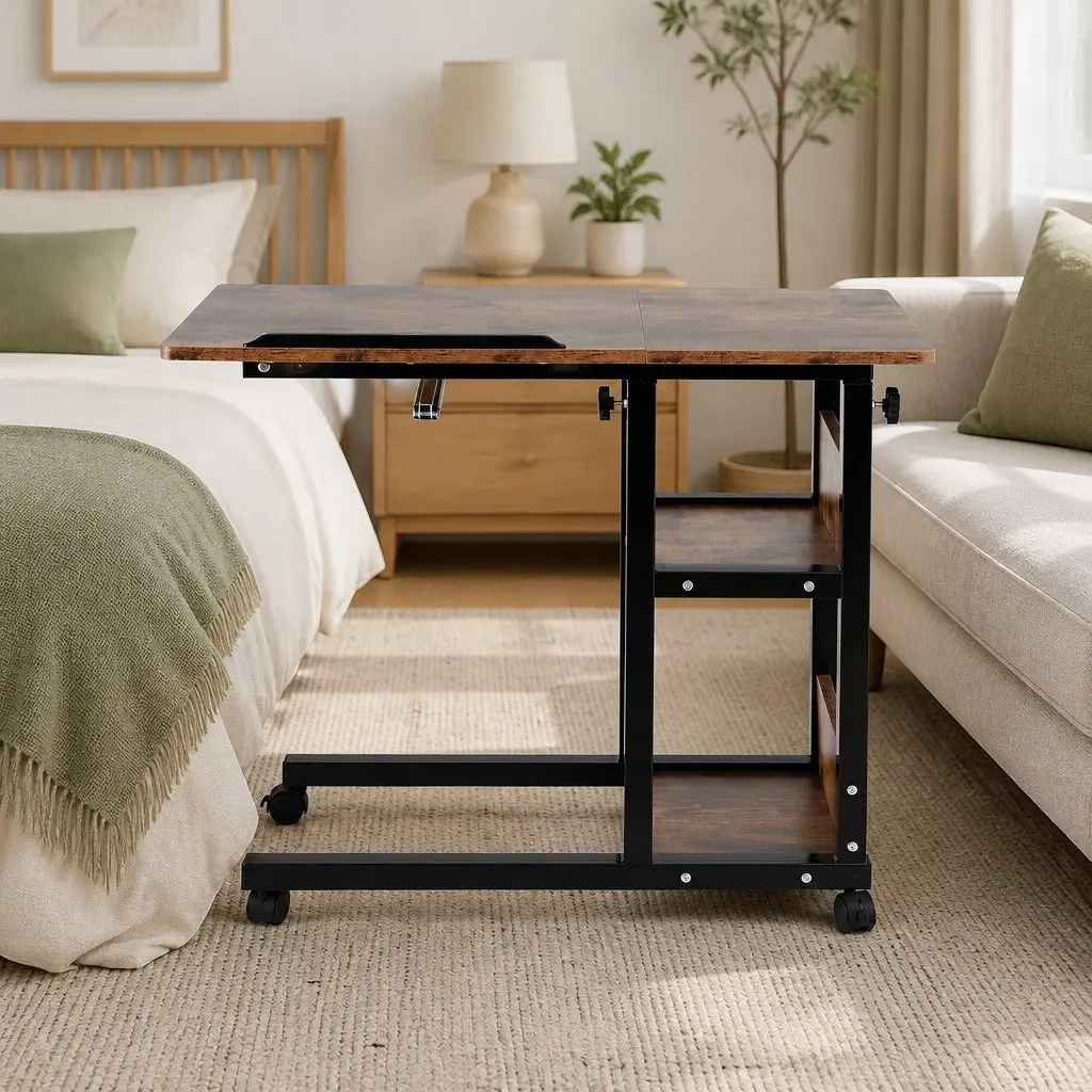 Adjustable Laptop Desk 3 Tier Mobile Side Table Tiltable Wheels Home Office