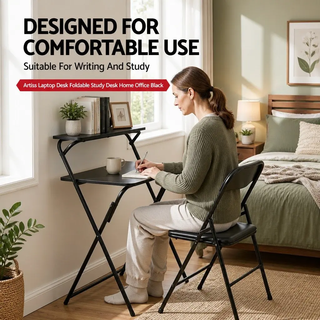Foldable Laptop Desk Adjustable Study Writing Home Office Black Space Saving