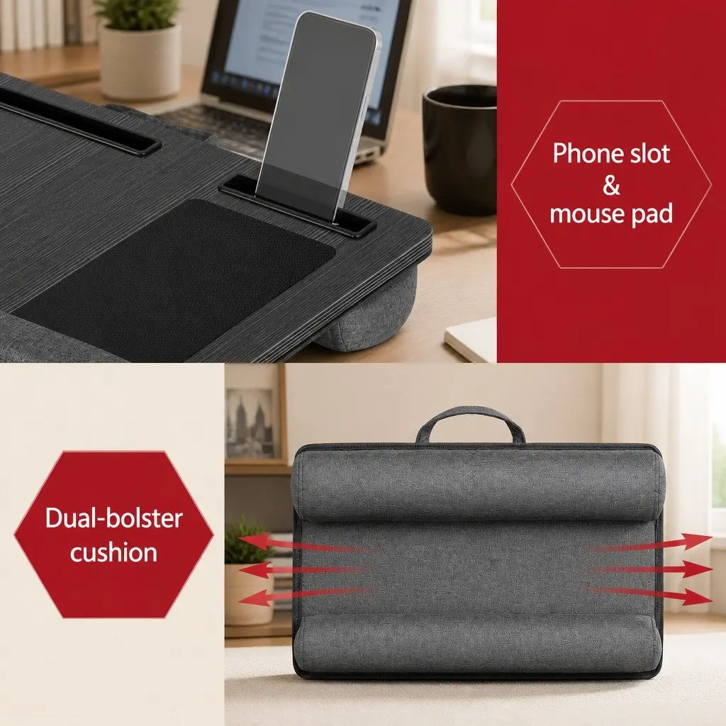 Lap Desk Portable Laptop Stand Wrist Rest Phone Slot Mouse Pad 55CM Black