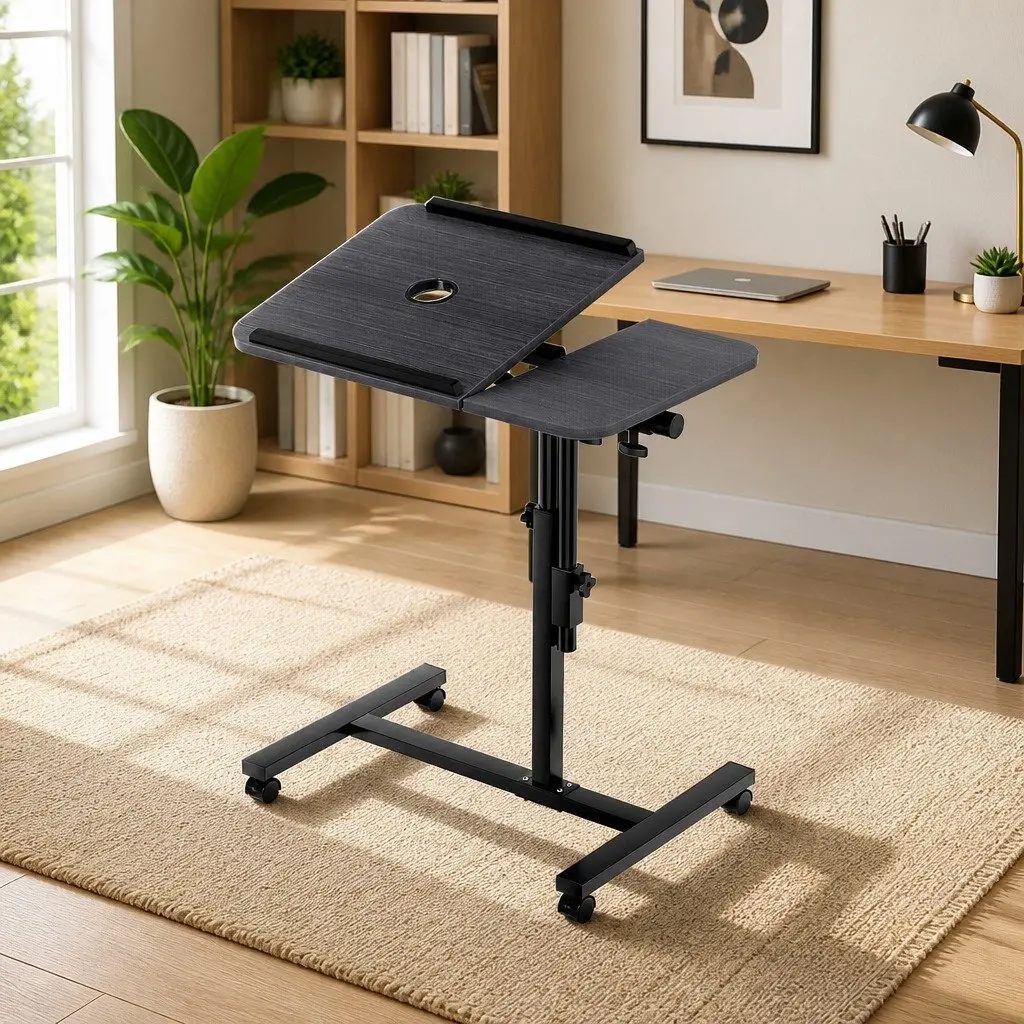 Mobile Laptop Desk Stand 60cm Adjustable Swivel Tilting Work Table with USB Fan