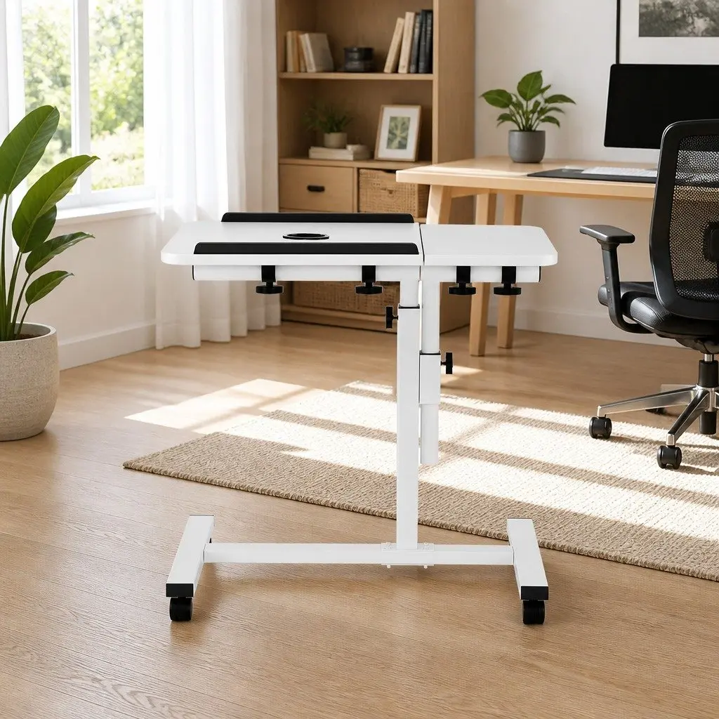 Laptop Desk Adjustable Height 60CM White Swivel with USB Cooling Fan