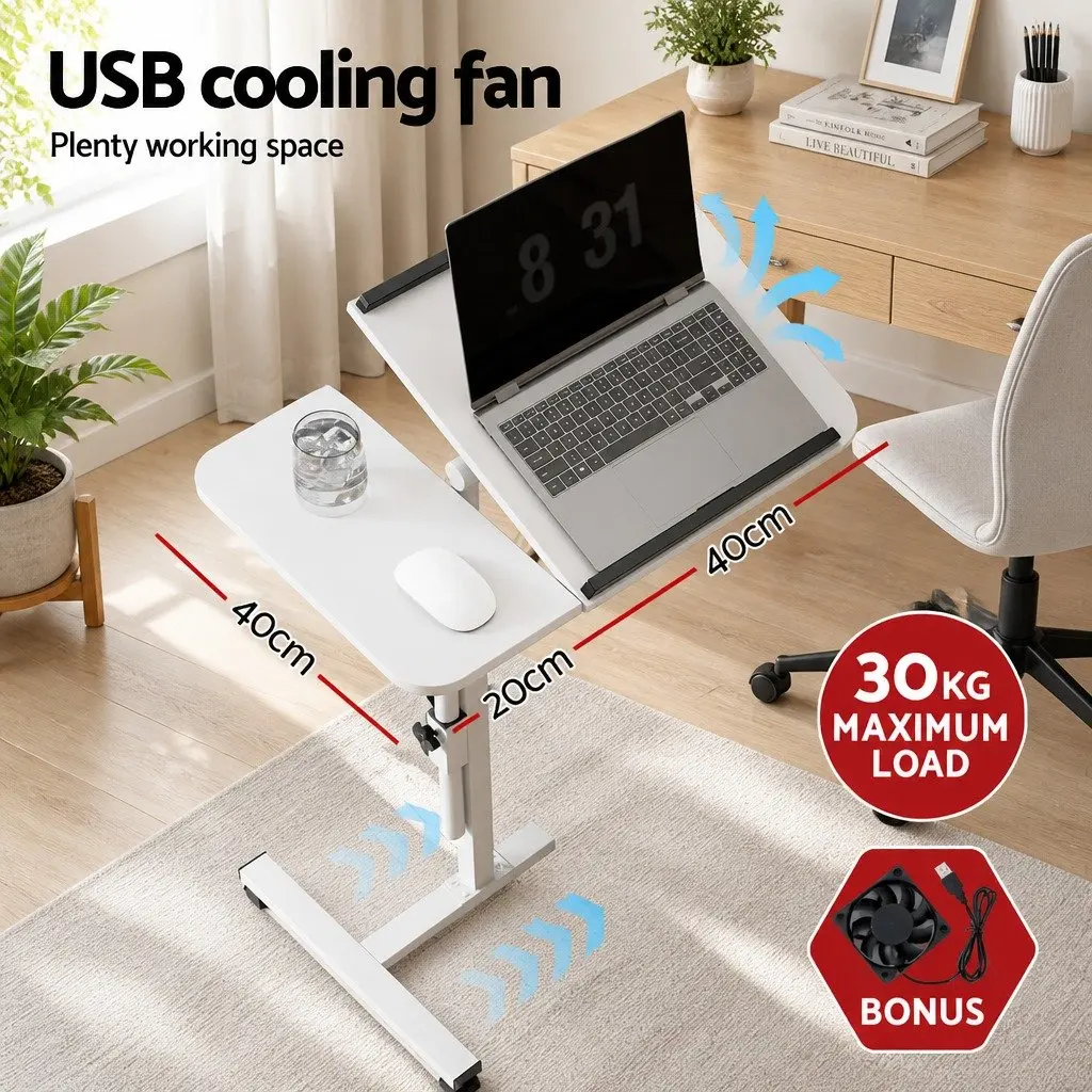 Laptop Desk Adjustable Height 60CM White Swivel with USB Cooling Fan