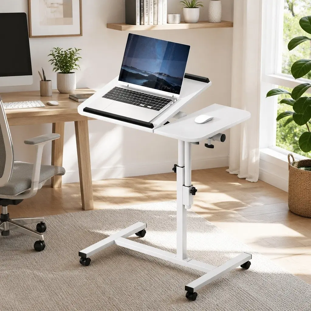 Laptop Desk Adjustable Height 60CM White Swivel with USB Cooling Fan
