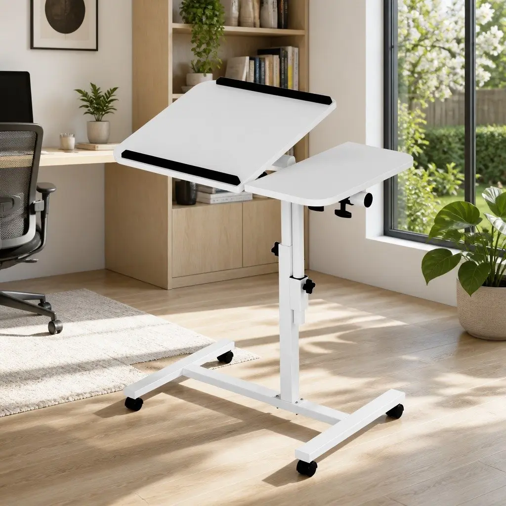 Mobile Laptop Desk Stand Adjustable Height 60CM White Rotating Tilt Wheels