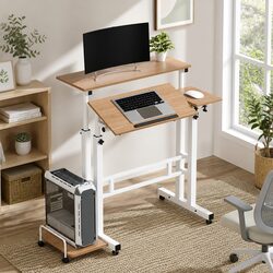 Mobile Twin Laptop Desk Adjustable Height Tilting Tabletop with Castor Wheels