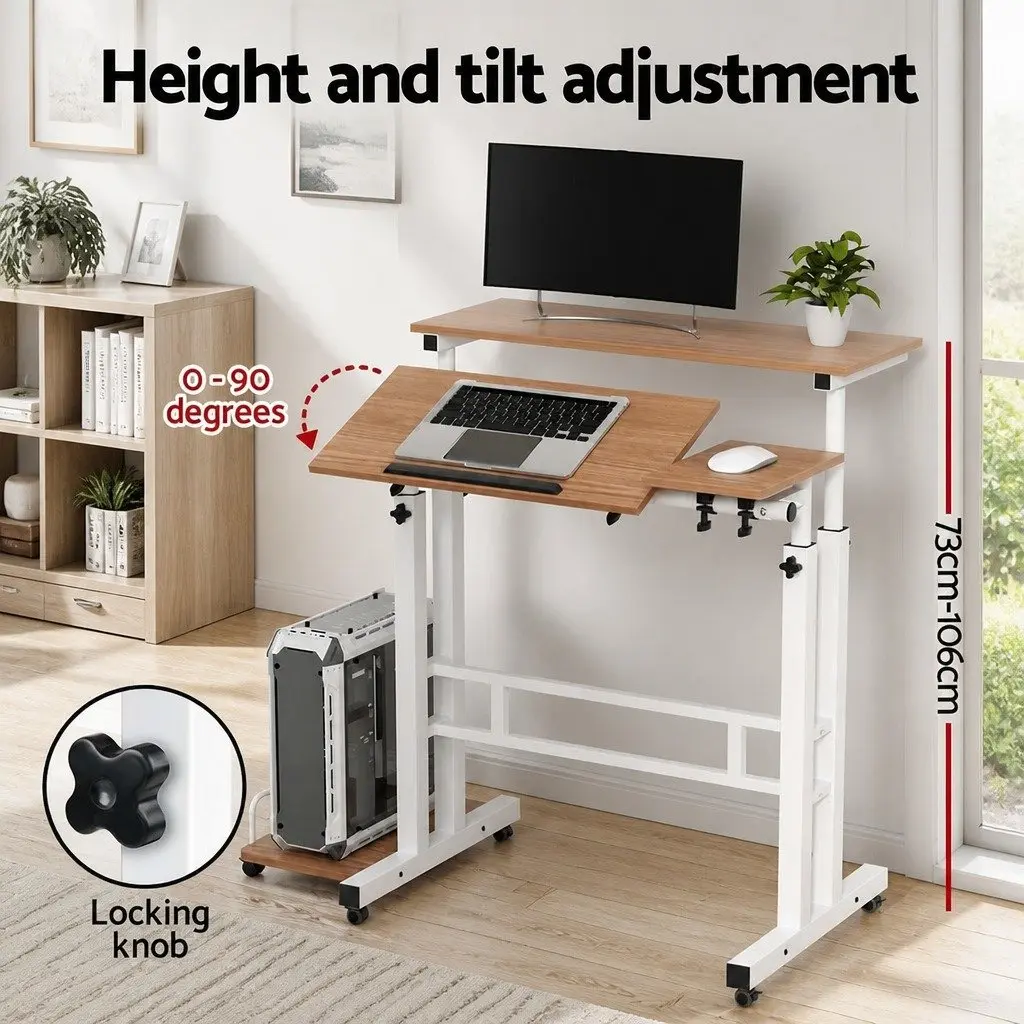 Mobile Twin Laptop Desk Adjustable Height Tilting Tabletop with Castor Wheels