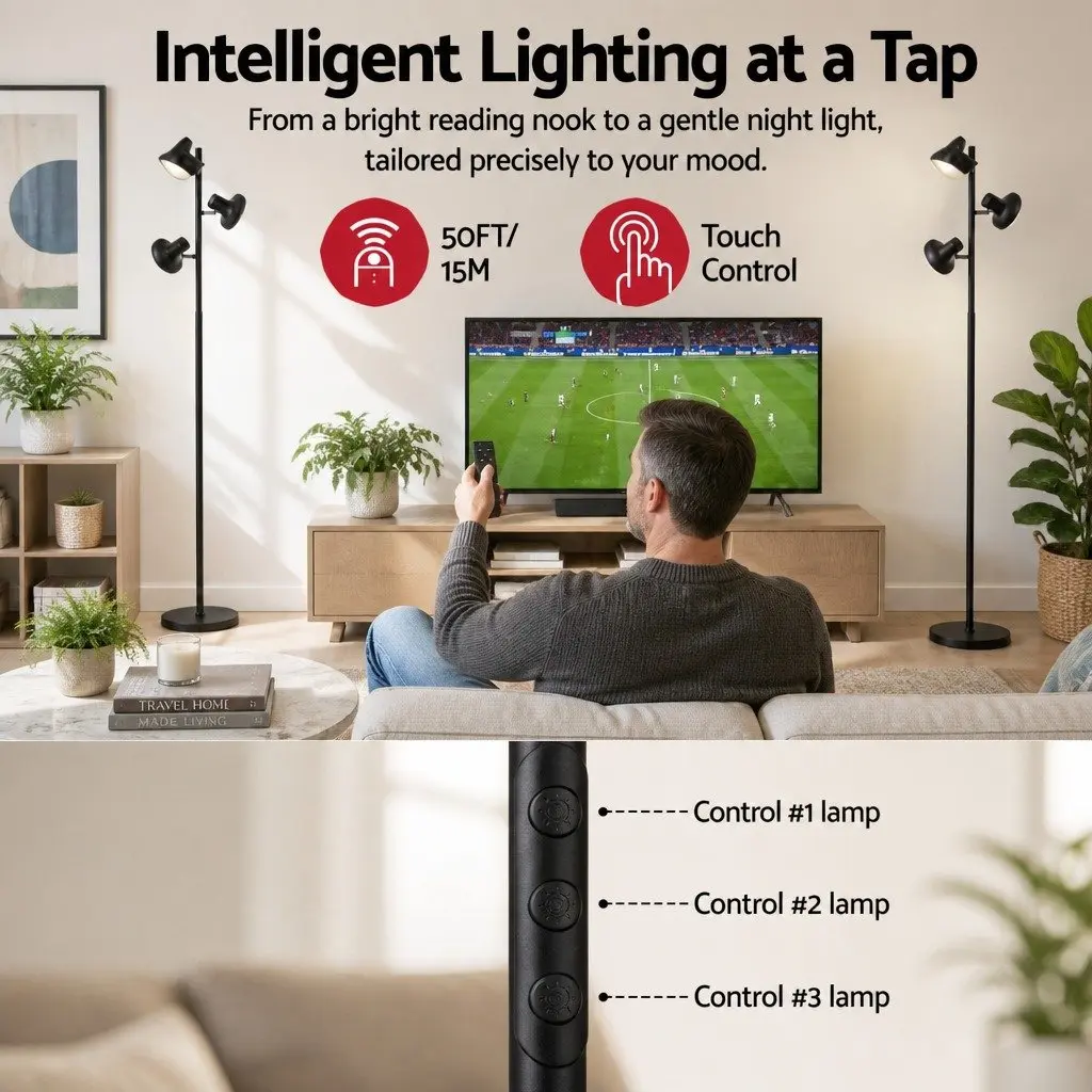 3-Head LED Floor Lamp Dimmable 36W Adjustable Spotlight Remote Control