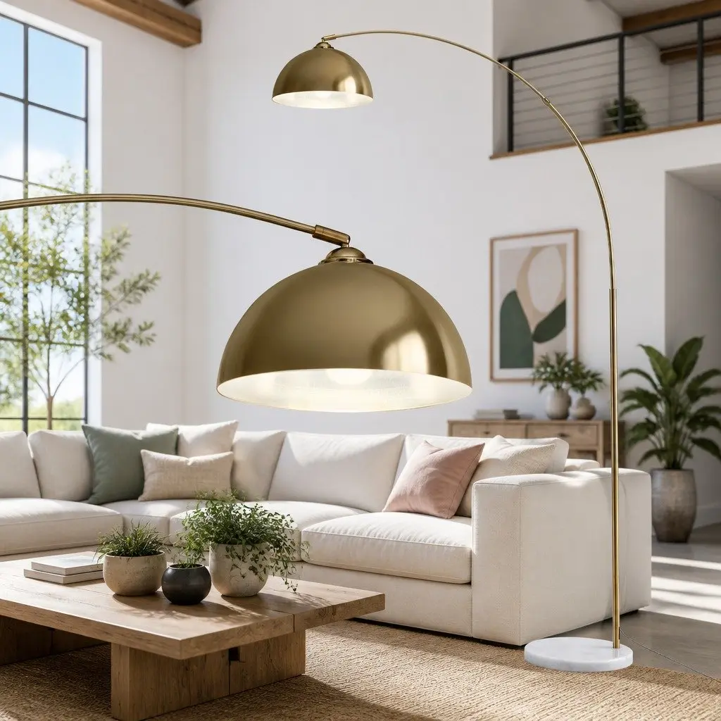 Modern Arched Floor Lamp Gold Standing Reading Light Marble Base Living Room