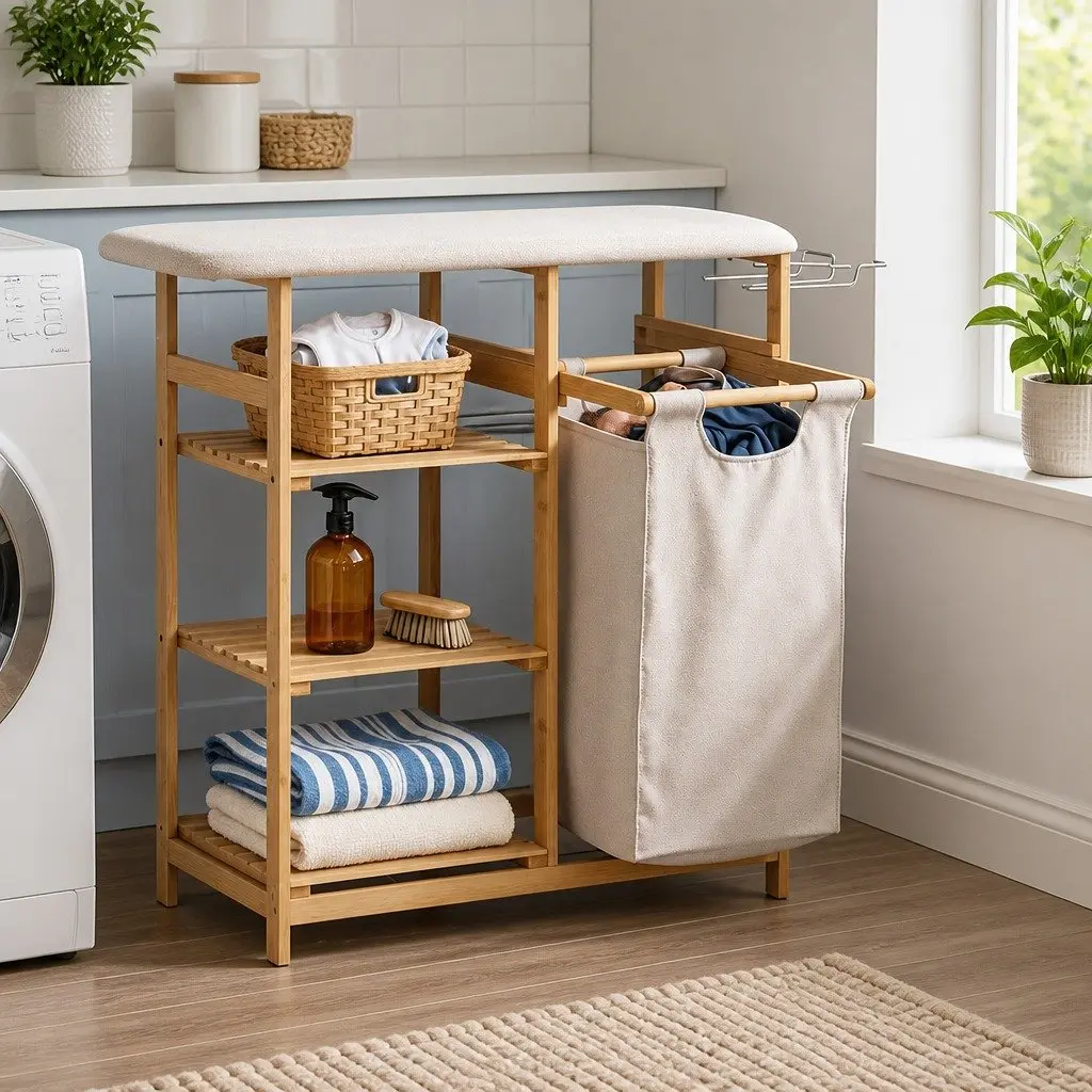 Laundry Basket Hamper with Ironing Board and Storage Shelves Bamboo