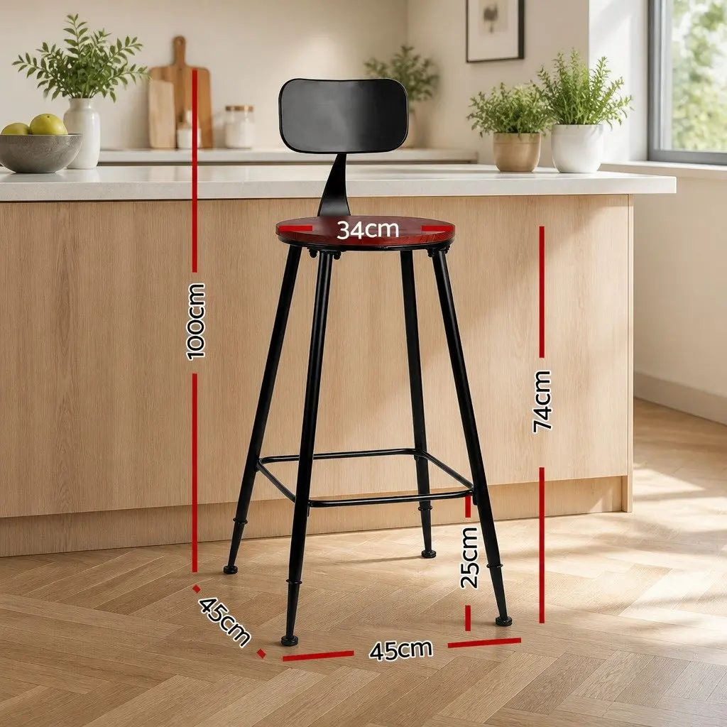 Bar Stools Industrial Metal Chairs with Pinewood Seat Backrest 74cm Height Set of 4