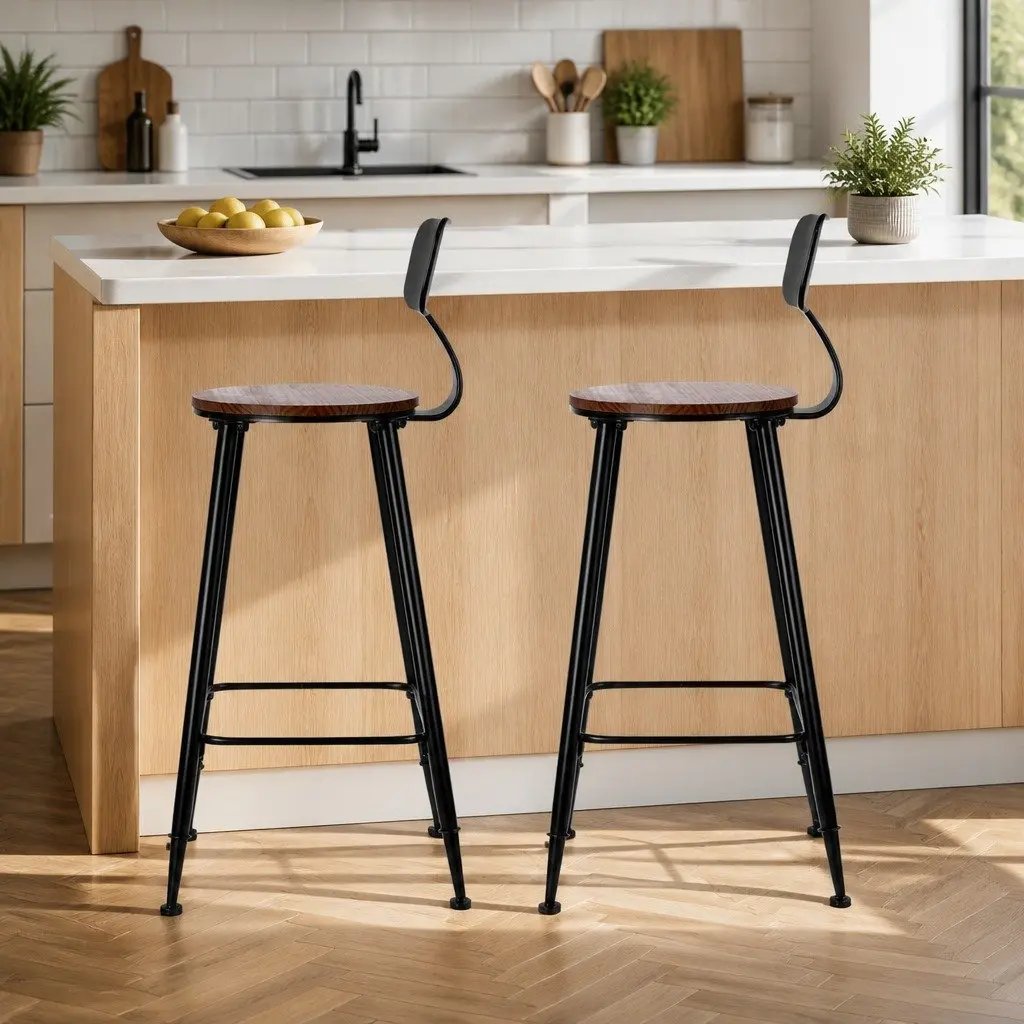 Bar Stools Industrial Metal Chairs with Pinewood Seat Backrest 74cm Height Set of 4