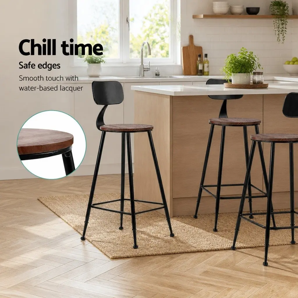 Bar Stools Industrial Metal Chairs with Pinewood Seat Backrest 74cm Height Set of 4