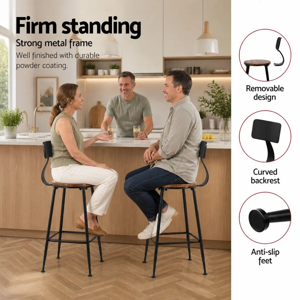 Bar Stools Industrial Metal Chairs with Pinewood Seat Backrest 74cm Height Set of 4
