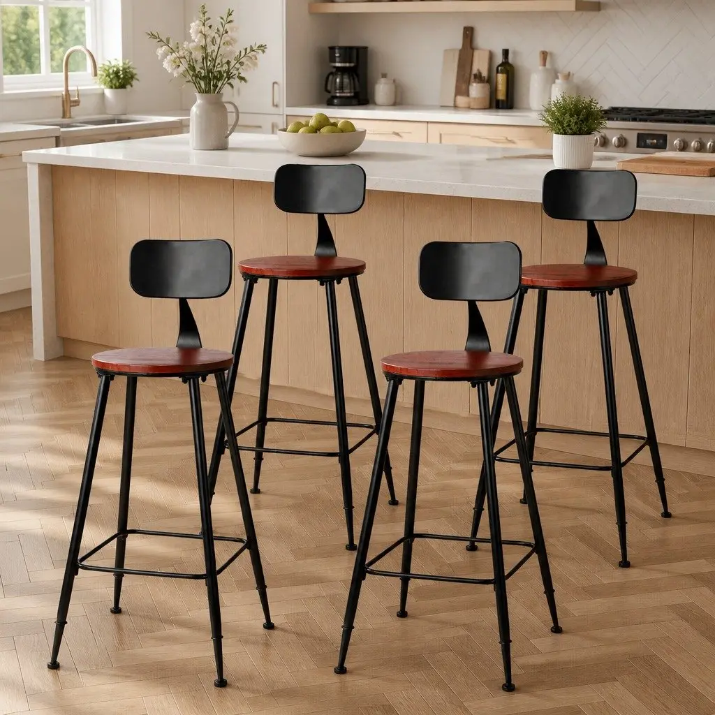 Bar Stools Industrial Metal Chairs with Pinewood Seat Backrest 74cm Height Set of 4