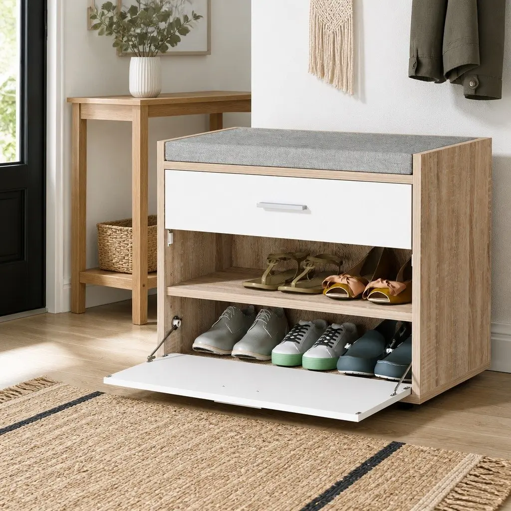 Shoe Storage Cabinet Bench Organizer Dual Function 60cm White Wood