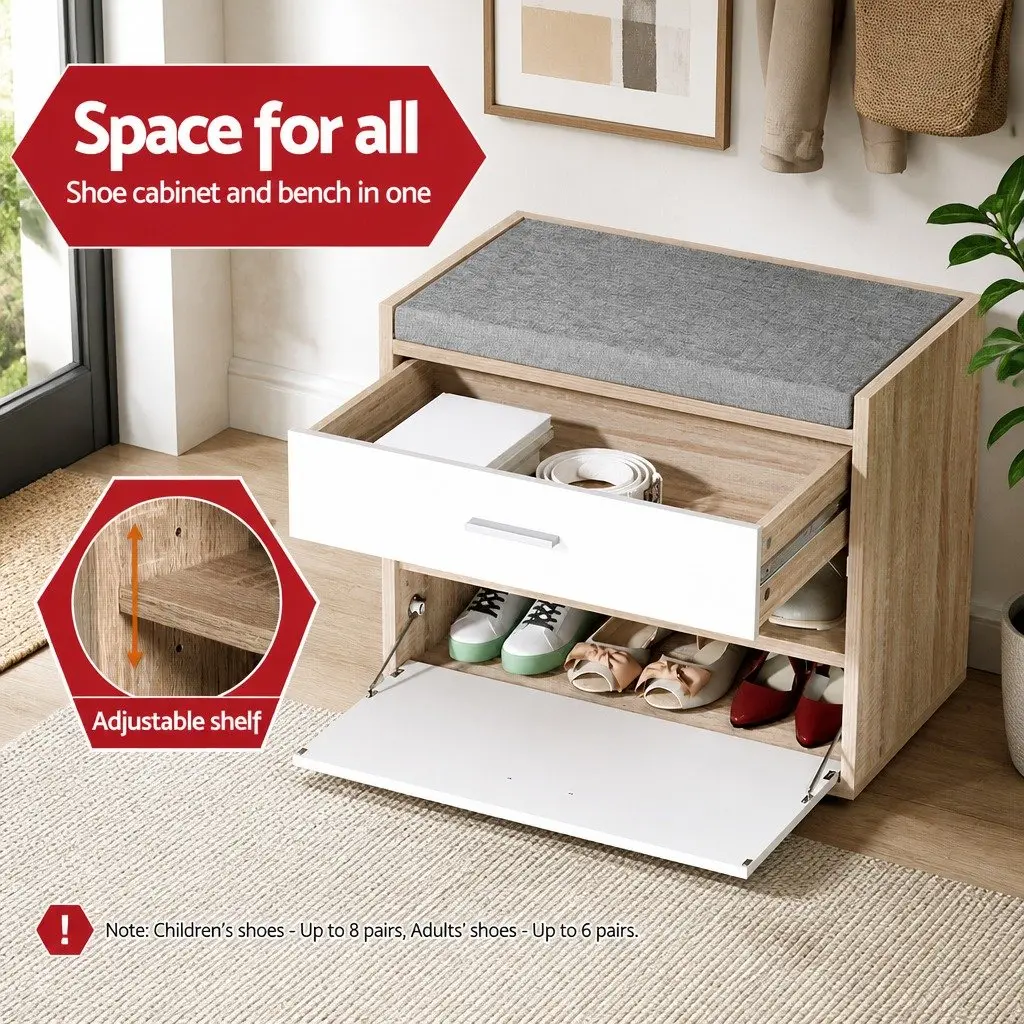 Shoe Storage Cabinet Bench Organizer Dual Function 60cm White Wood