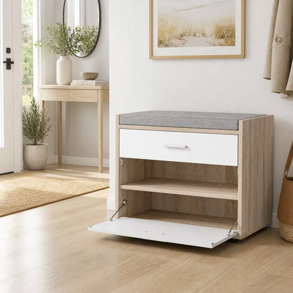 Shoe Storage Cabinet Bench Organizer Dual Function 60cm White Wood