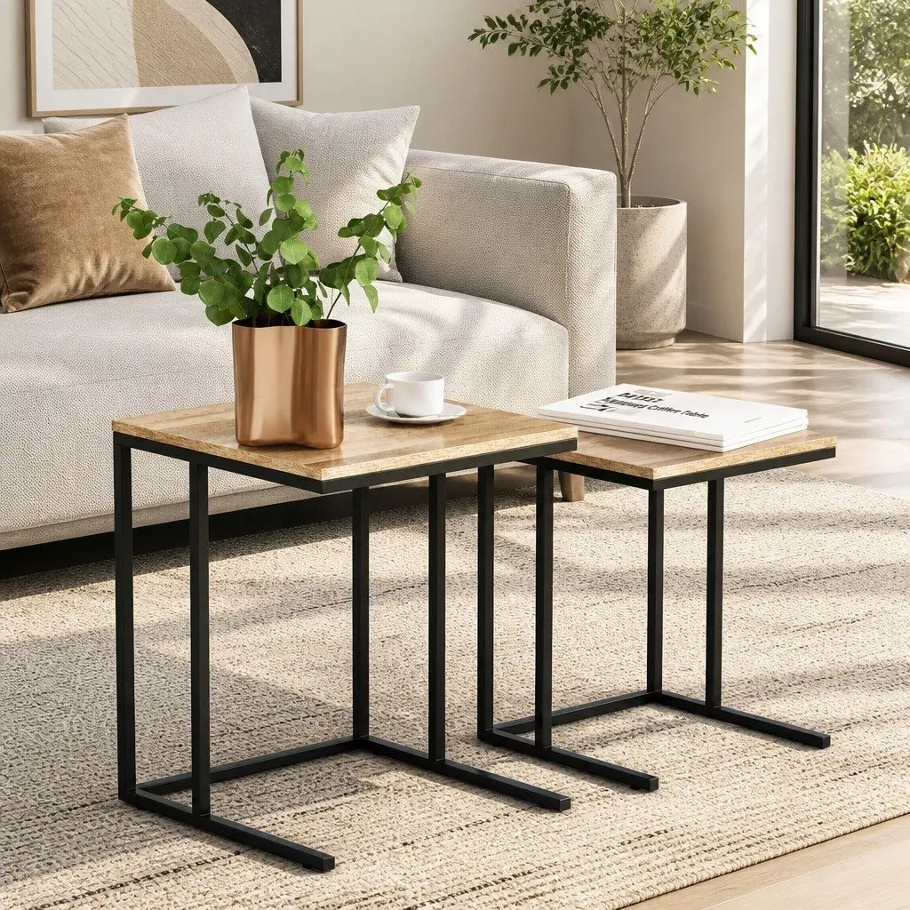 Nesting Side Table Set Industrial Style Space-Saving Dark Wood 2 Piece