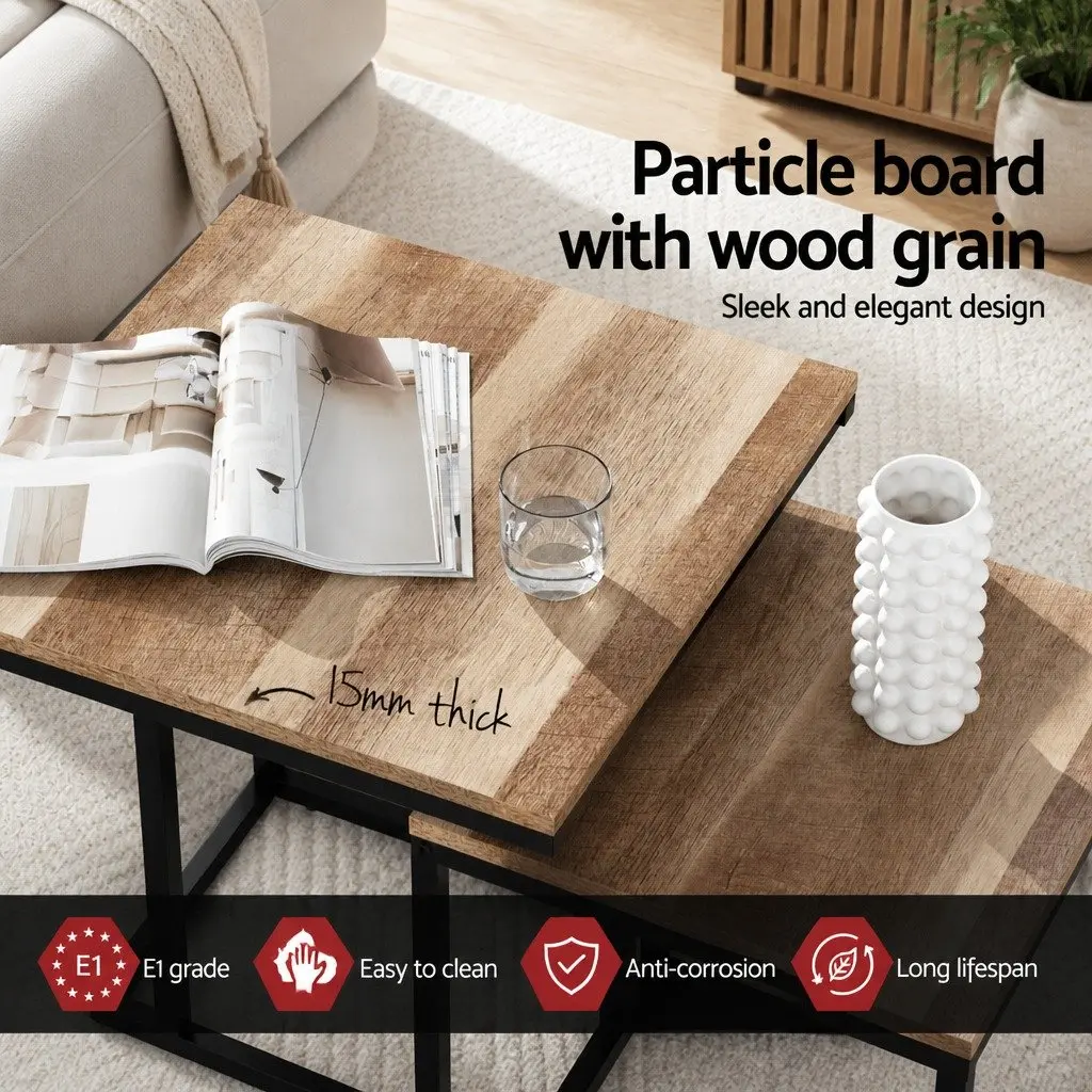 Nesting Side Table Set Industrial Style Space-Saving Dark Wood 2 Piece