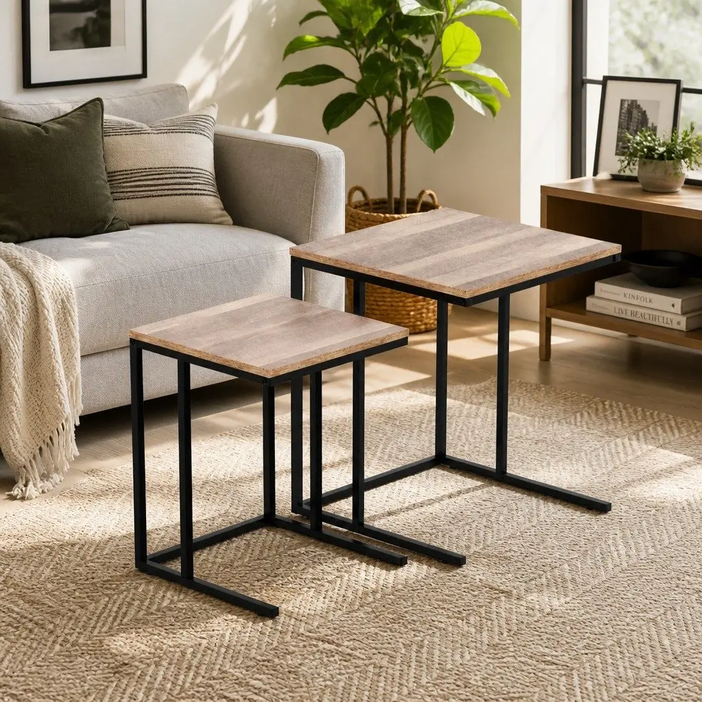 Nesting Side Table Set Industrial Style Space-Saving Dark Wood 2 Piece
