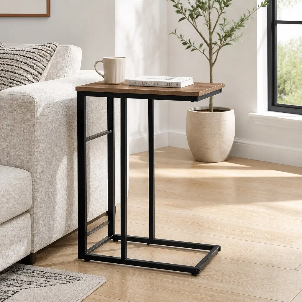 C-Shape Industrial Side Table Compact Wood and Steel Legs 47cm W x 27cm D x 64cm H