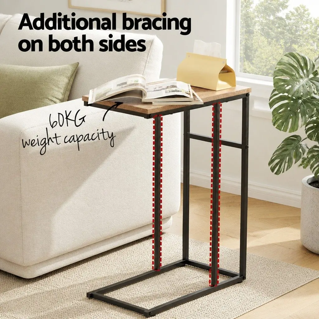 C-Shape Industrial Side Table Compact Wood and Steel Legs 47cm W x 27cm D x 64cm H