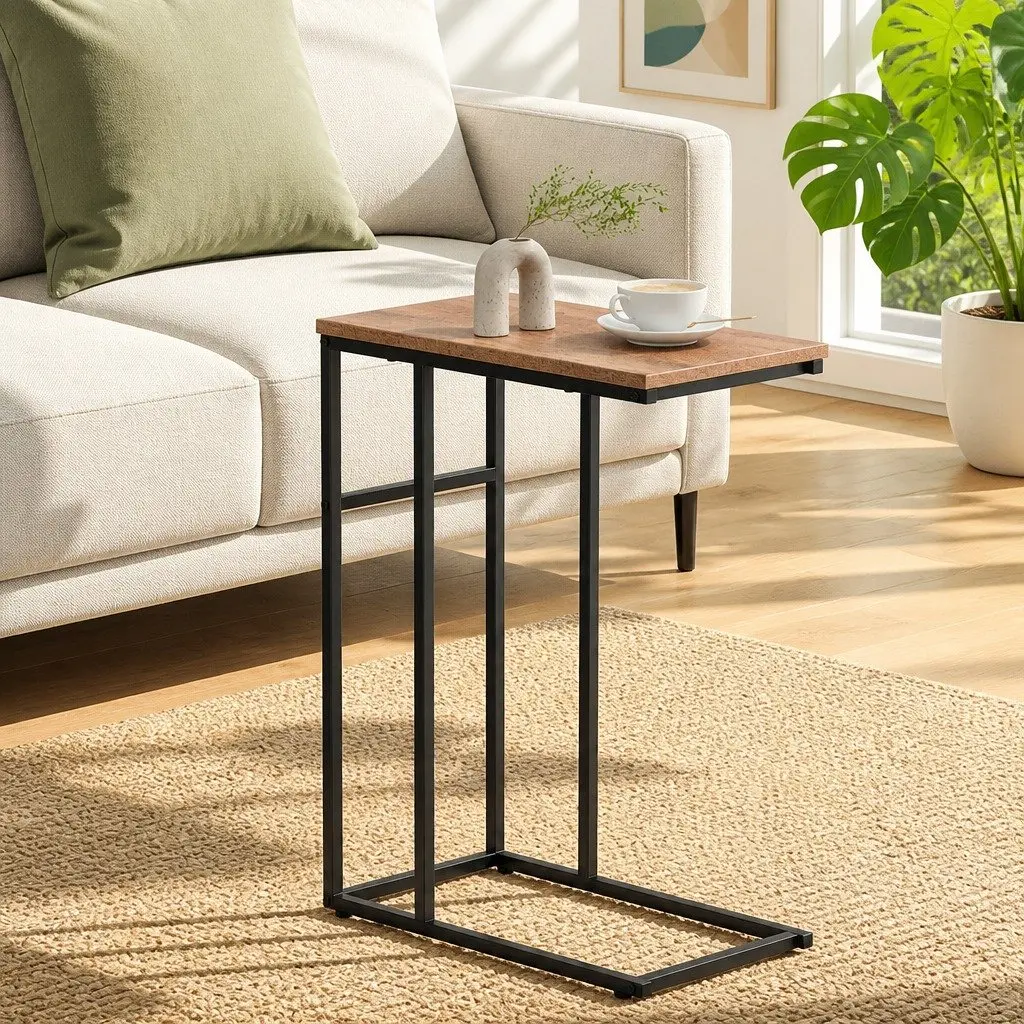 C-Shape Industrial Side Table Compact Wood and Steel Legs 47cm W x 27cm D x 64cm H