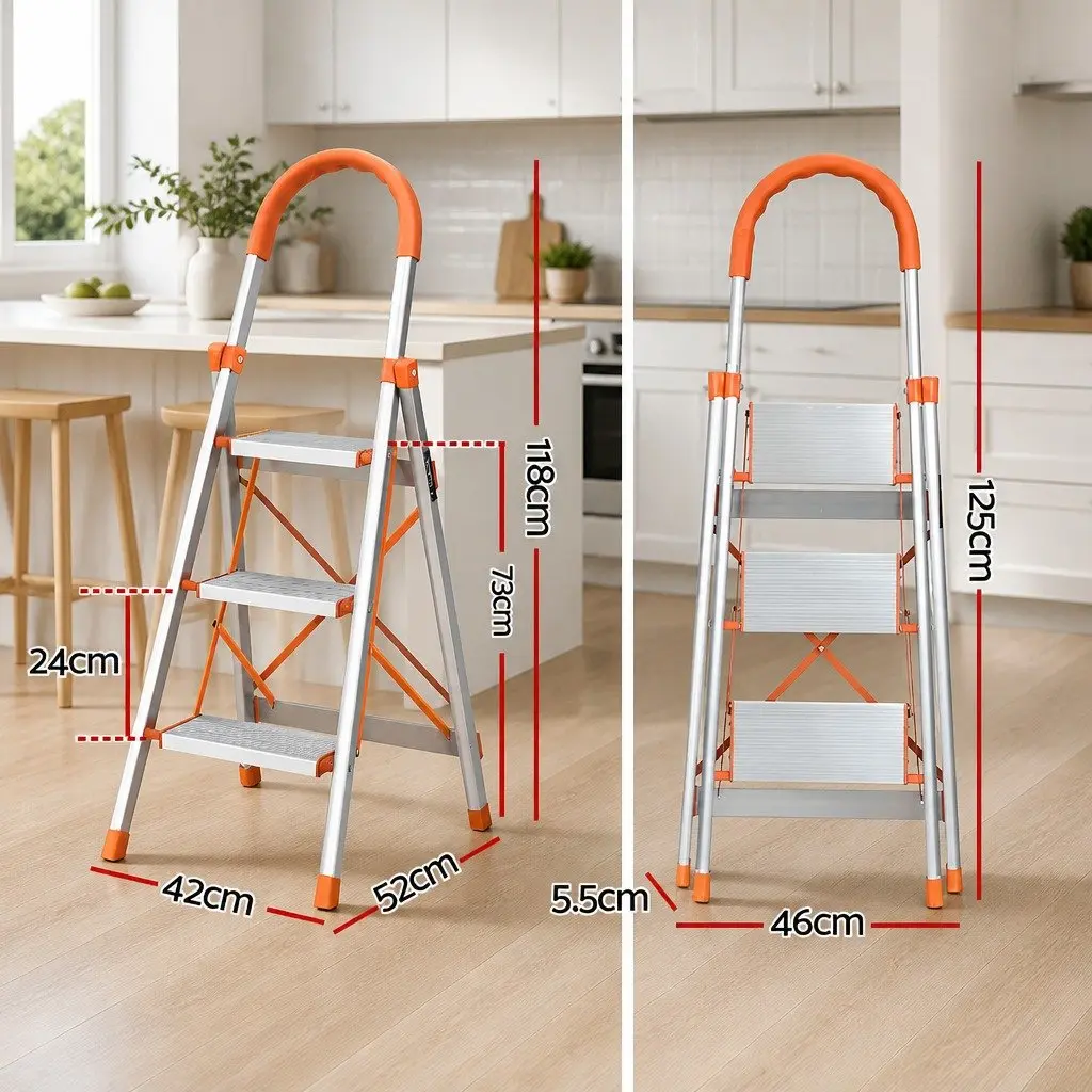 3 Step Ladder Lightweight Aluminium Folding Non-Slip 42cm W x 52cm D x 118cm H