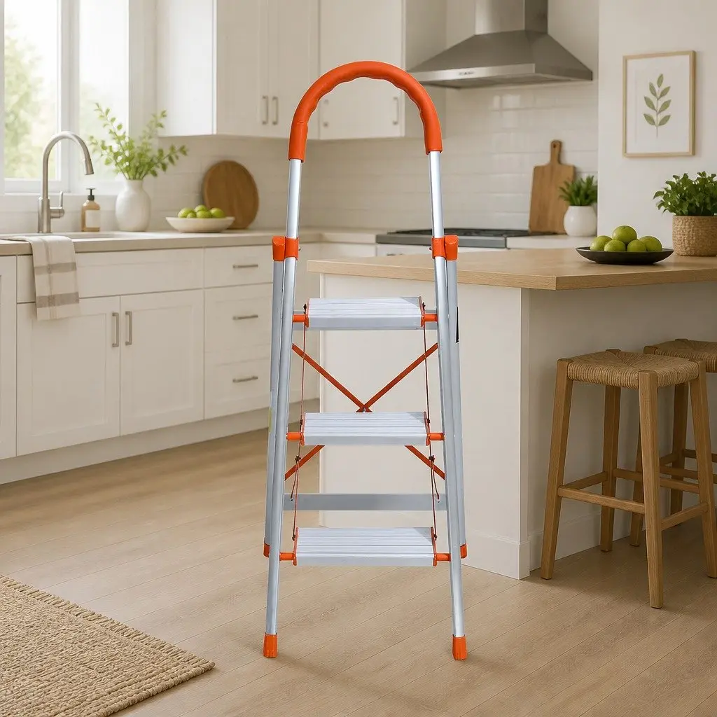 3 Step Ladder Lightweight Aluminium Folding Non-Slip 42cm W x 52cm D x 118cm H
