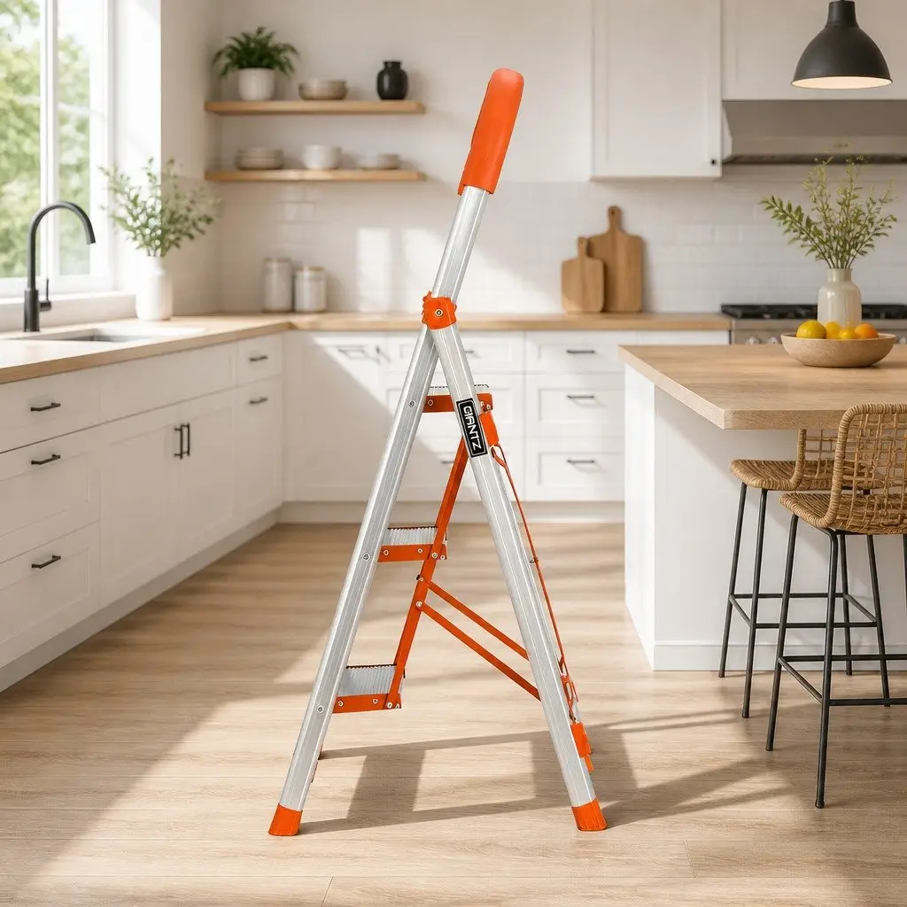 3 Step Ladder Lightweight Aluminium Folding Non-Slip 42cm W x 52cm D x 118cm H