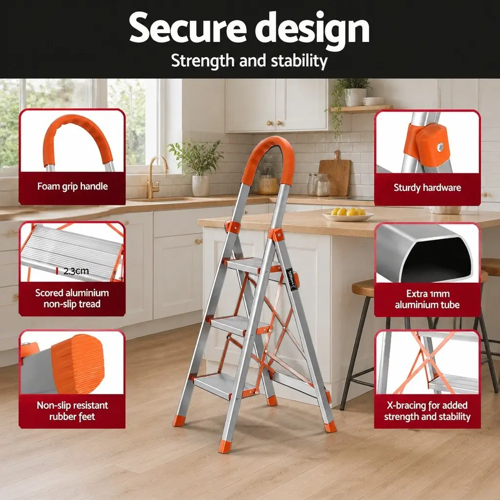 3 Step Ladder Lightweight Aluminium Folding Non-Slip 42cm W x 52cm D x 118cm H