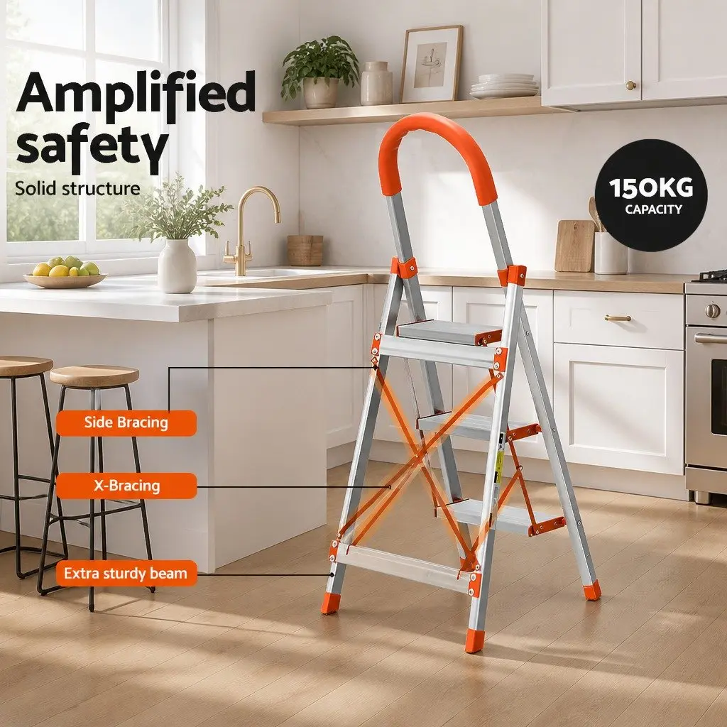 3 Step Ladder Lightweight Aluminium Folding Non-Slip 42cm W x 52cm D x 118cm H
