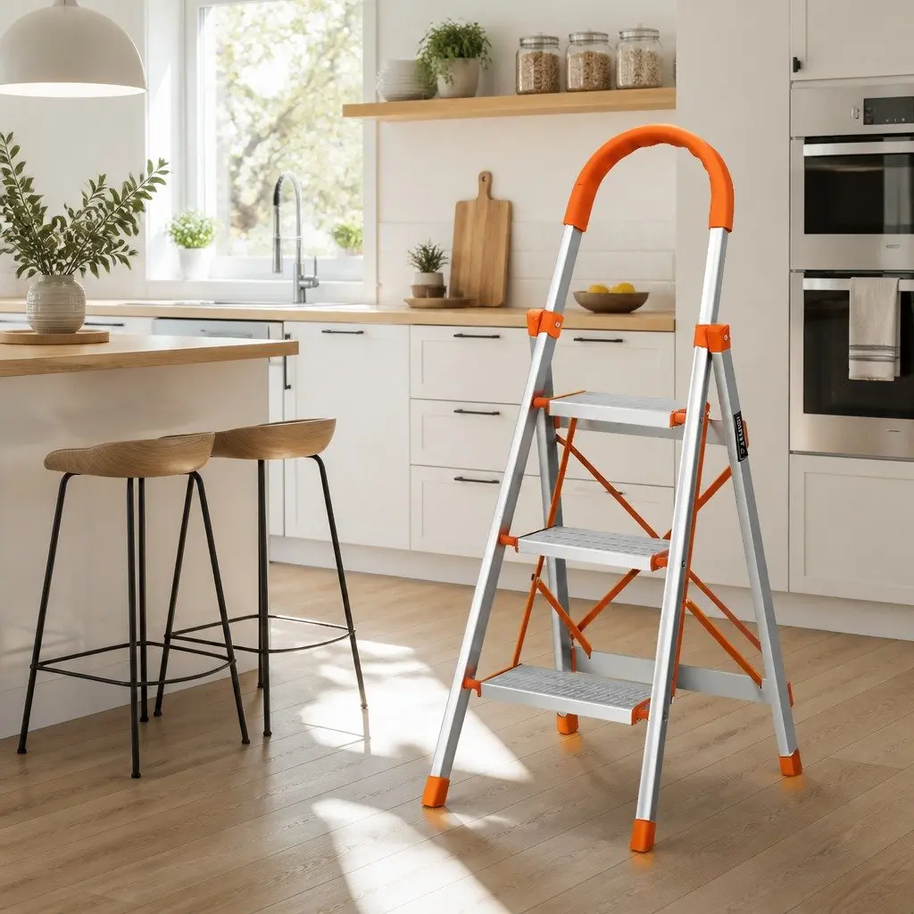 3 Step Ladder Lightweight Aluminium Folding Non-Slip 42cm W x 52cm D x 118cm H