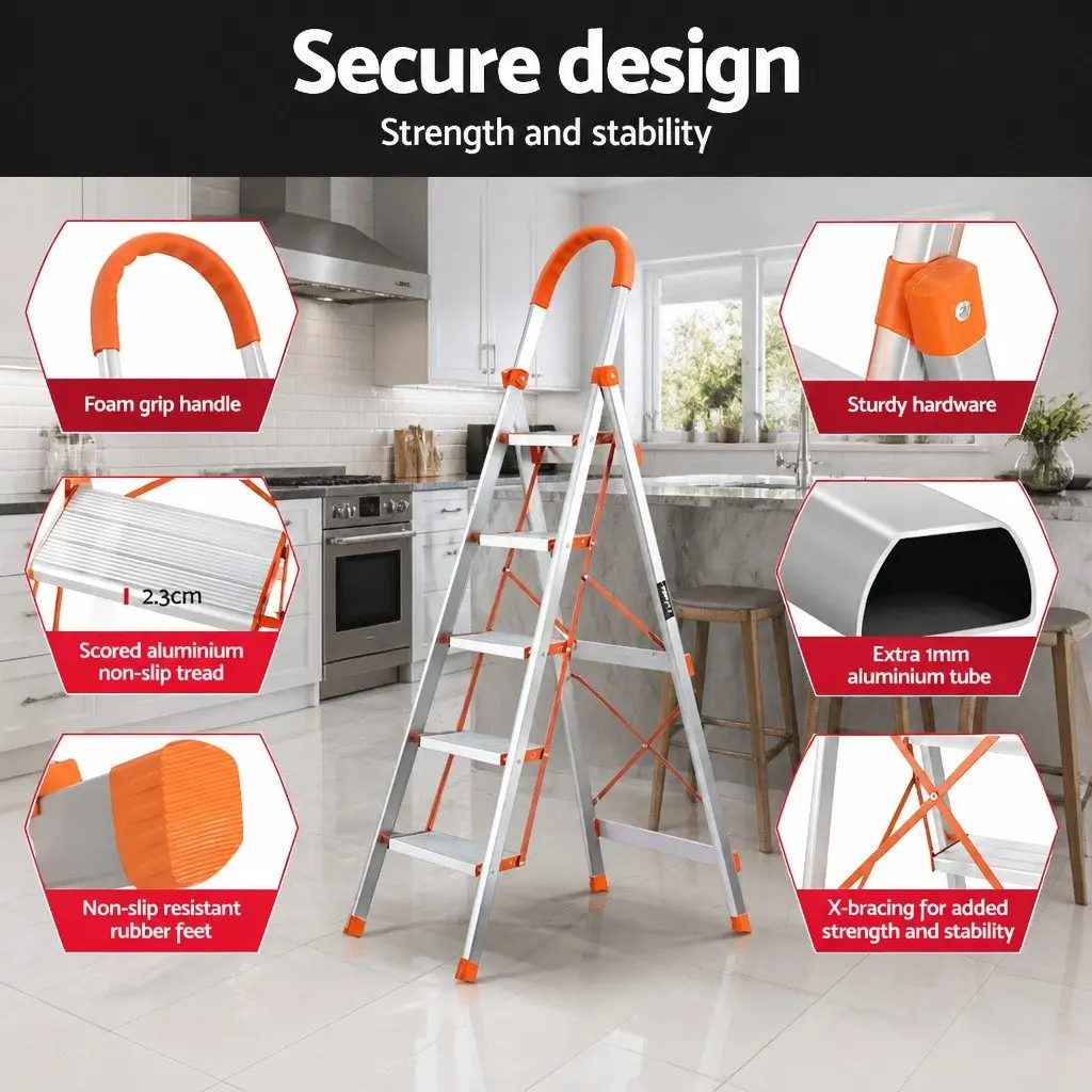 5 Step Ladder Folding Lightweight Aluminium Multi-Purpose Indoor Outdoor