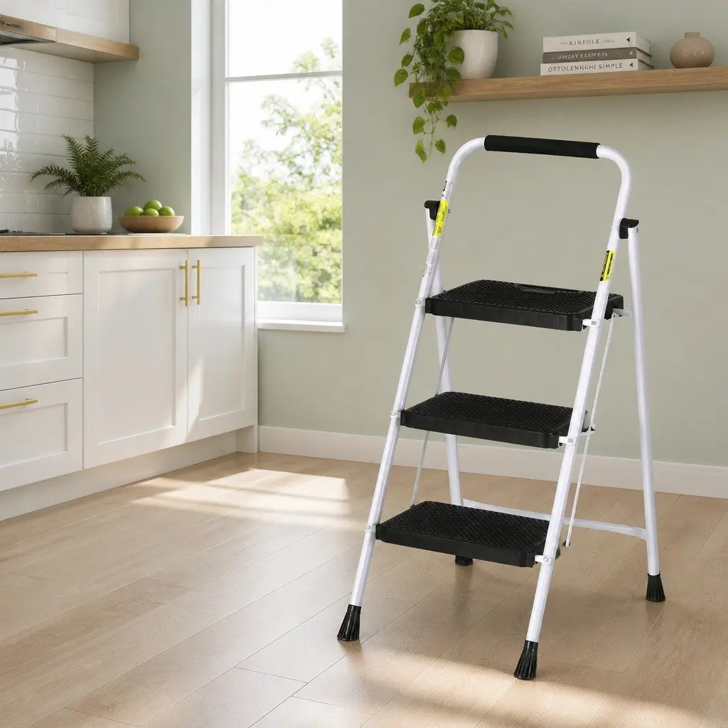 3 Step Ladder Folding Steel Non-Slip Safety Indoor 104cm H x 68cm W x 54cm D