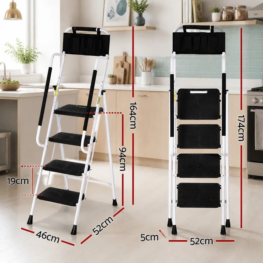 4 Step Ladder Folding Steel Platform Multi-Purpose Tool Bag Handrails Home