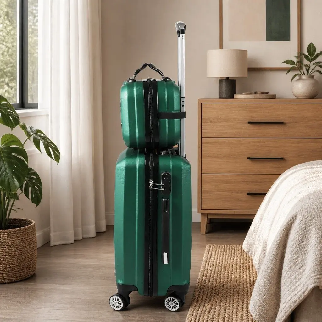 Travel Luggage Set 2 Piece Green 20 Inch Suitcase 12 Inch Vanity Bag Carry-On Trolley