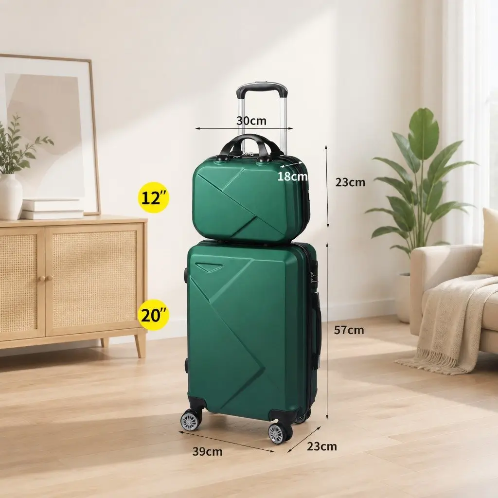 Travel Luggage Set 2 Piece Green 20 Inch Suitcase 12 Inch Vanity Bag Carry-On Trolley